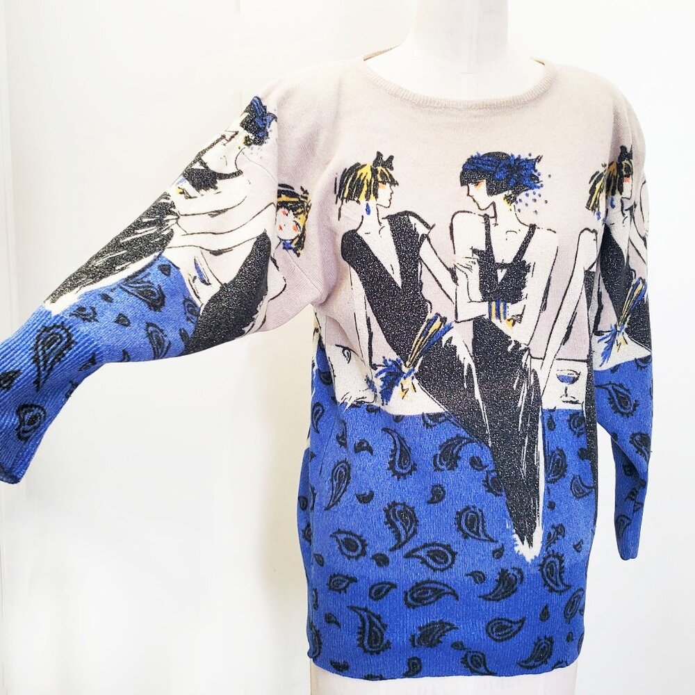 ALBEE Womens 80s Vintage Wool Lurex Sweater Sparkly Ladies and Paisley Pattern